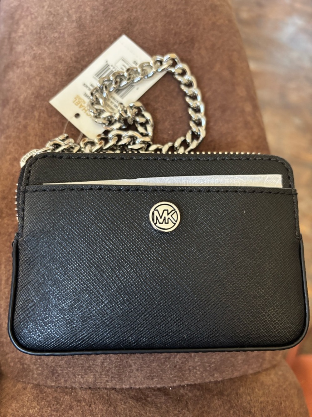 MICHAEL Michael Kors Black Card Case with Silver Chain - Picture 2 of 3